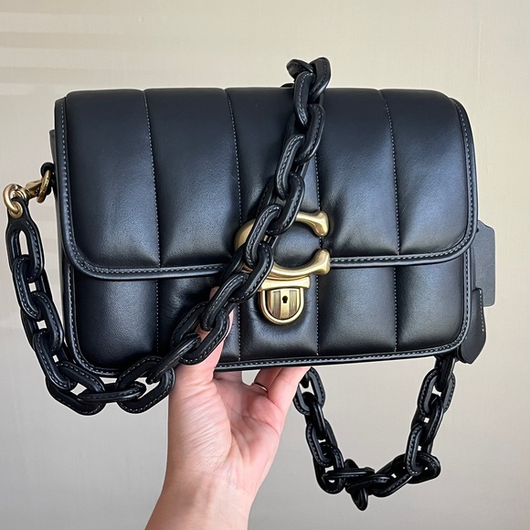 COACH Pillow Studio 25 Shoulder Bag With Quilting Black/ Gold with 2 Straps - Picture 9 of 15